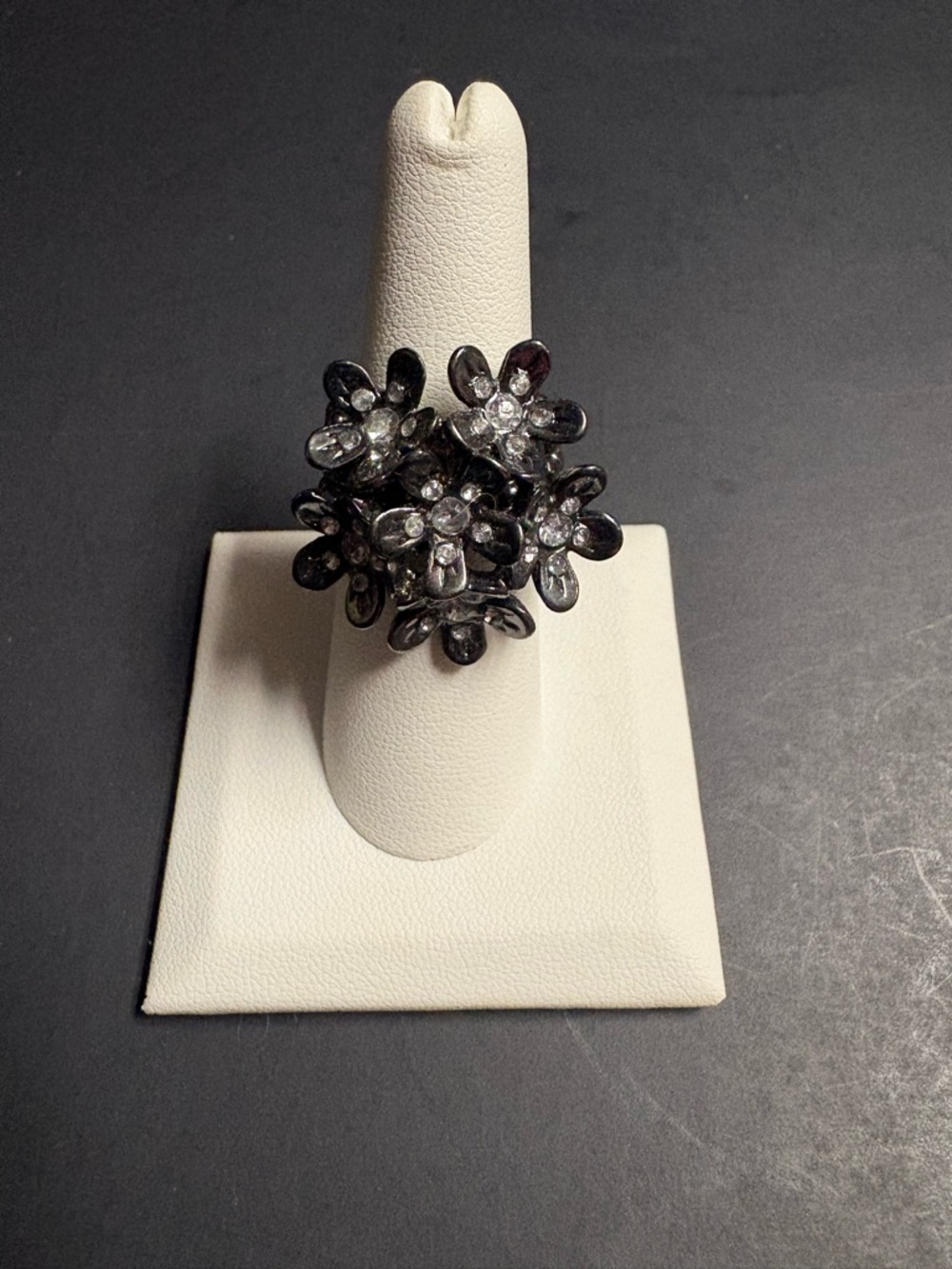 Statement Black Flower Cluster Stretch Ring with Clear Glass Accents